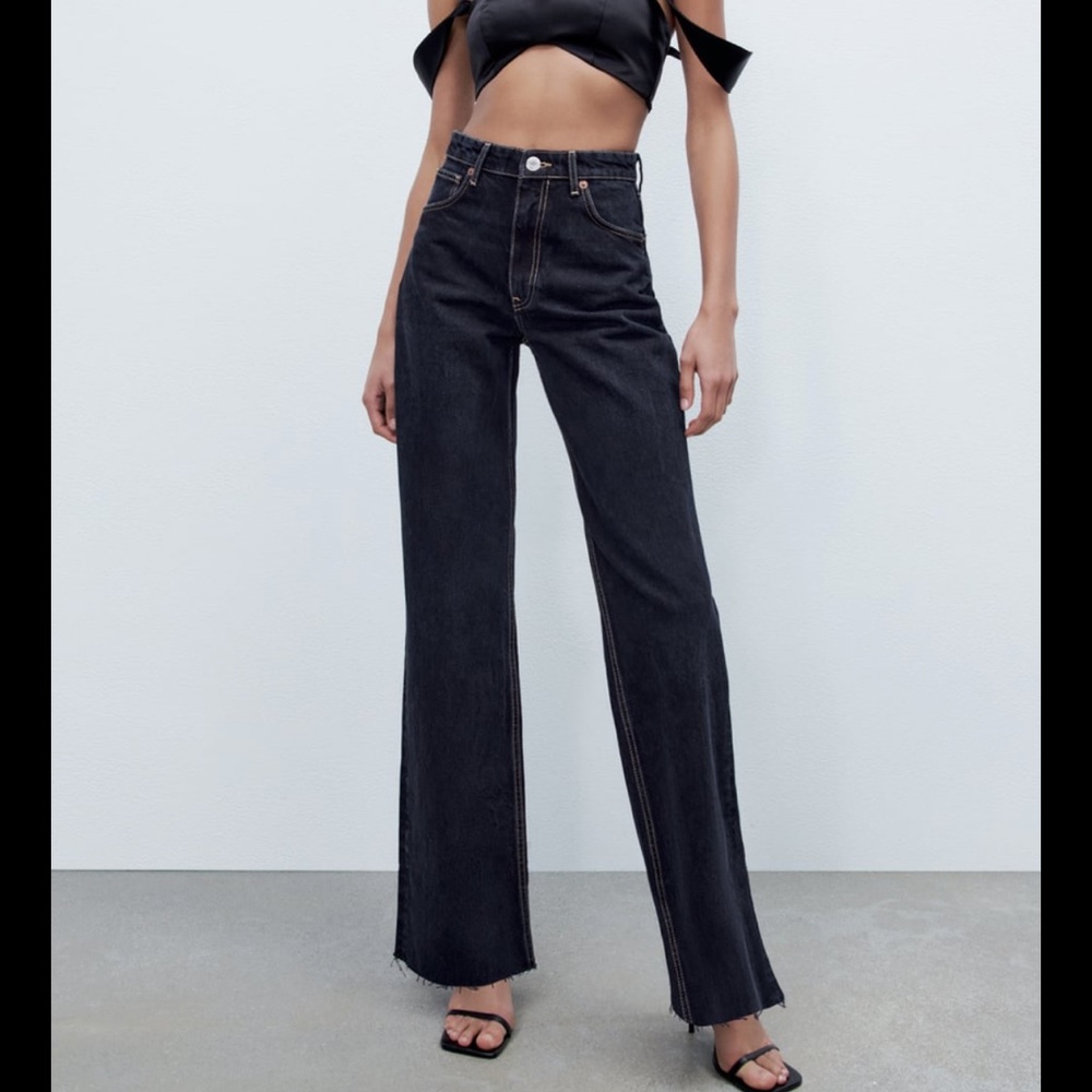 Zara Wide Leg Jeans High-Rise Full Length Sz 6/38 Ocean Blue NWT